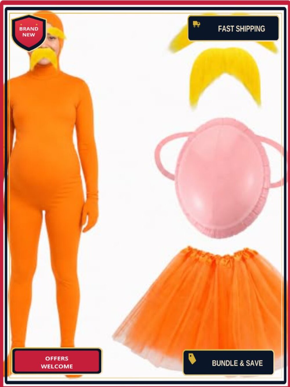 6-Piece Orange Jumpsuit Halloween Costume Set with Mustache Eyebrows Tutu